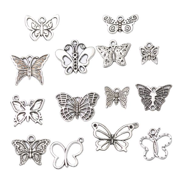 14 piece antique silver butterfly shaped charms pendant for diy bracelet necklace jewelry making crafts, Black