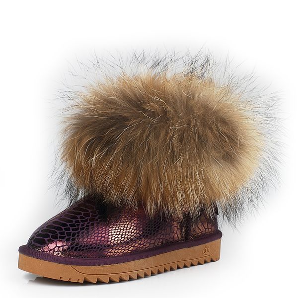 2020 fashion 100% raccoon fur boot cowhide leather handmade women winter snow boots new arrival fashion warm boots, Black