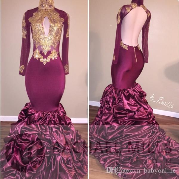 burgundy gold appliques plus size mermaid prom dresses long high neck long sleeve evening gowns african open back pageant dresses wears, Black
burgundy gold appliques plus size mermaid prom dresses long high neck long sleeve evening gowns african open back pageant dresses wears, Black