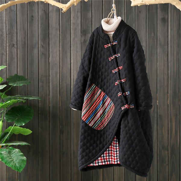 2018 vintage parkas women winter swash plate buckles appliques loose stand collar female irregular thick coats indie folk tide, Black 
2018 vintage parkas women winter swash plate buckles appliques loose stand collar female irregular thick coats indie folk tide, Black