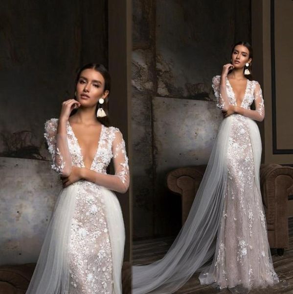 berta deep v neck mermaid wedding dresses sheer long sleeve lace appliques bridal gown detachable tulle train vestido de novia, White
berta deep v neck mermaid wedding dresses sheer long sleeve lace appliques bridal gown detachable tulle train vestido de novia, White