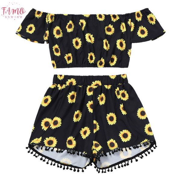 t shirt off shoulder sunflower print short tassel shorts two piece outfit women summer beach party suit camiseta mujer es, White
t shirt off shoulder sunflower print short tassel shorts two piece outfit women summer beach party suit camiseta mujer es, White