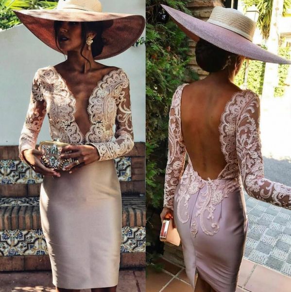 fashion lace long sleeves backless evening dresses sheer plunging neck sheath short prom gown knee length satin formal dress, Black;red
fashion lace long sleeves backless evening dresses sheer plunging neck sheath short prom gown knee length satin formal dress, Black;red