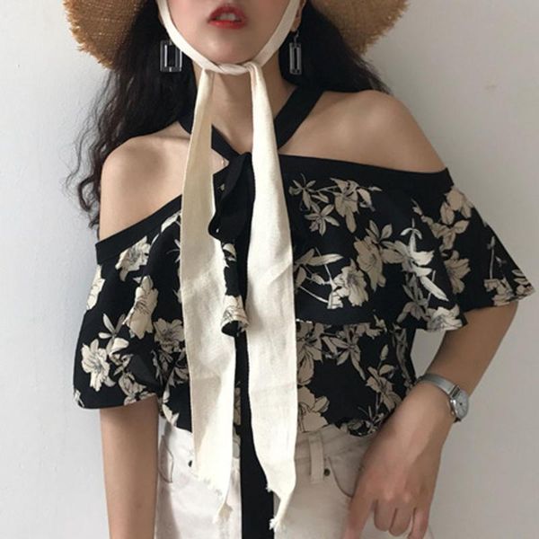 women vintage strapless bow tie neck collar halter shirt ladies floral short sleeve chiffon shirt casual blouses blusas mg3, White
women vintage strapless bow tie neck collar halter shirt ladies floral short sleeve chiffon shirt casual blouses blusas mg3, White