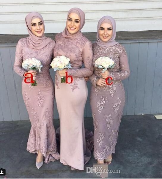 Three Styles 2019 Newest Arabic Long Bridesmaid Dresses Long Sleeve Mermaid Gorgeous Evening Prom Dress Gowns With Lace Applique Bead Cheap