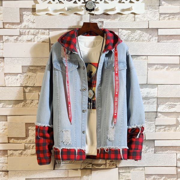 men jacket 2020 new spring and autumn fashion casual ripped plaid patchwork loose hooded denim jacket, Black;brown
men jacket 2020 new spring and autumn fashion casual ripped plaid patchwork loose hooded denim jacket, Black;brown
