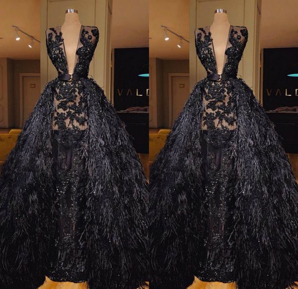 modest a line black evening prom dress v neck sleeveless tulle lace applique feather crystal party dress floor length detachable tail robes
modest a line black evening prom dress v neck sleeveless tulle lace applique feather crystal party dress floor length detachable tail robes