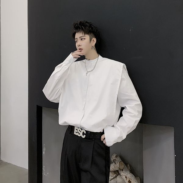 male japan streetwear fashion loose dress shirt stage clothing men white stand collar wide shoulder long sleeve casual shirt, White;black
male japan streetwear fashion loose dress shirt stage clothing men white stand collar wide shoulder long sleeve casual shirt, White;black
