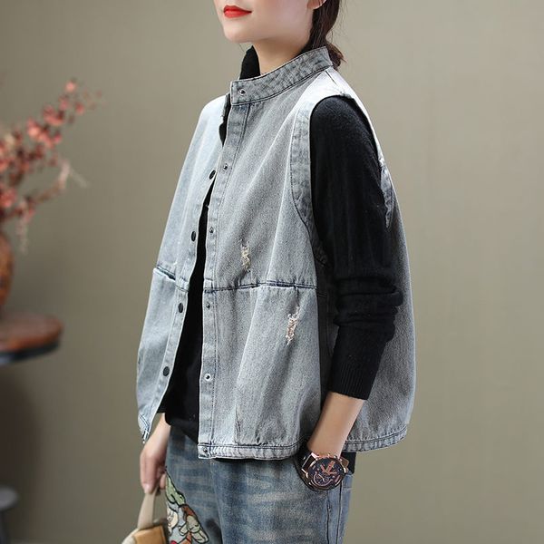 2020 spring new casual loose slim wild washed broken stand collar cowboy vest jacket female vintage jeans mujer chaqueta k078, Black;white
2020 spring new casual loose slim wild washed broken stand collar cowboy vest jacket female vintage jeans mujer chaqueta k078, Black;white