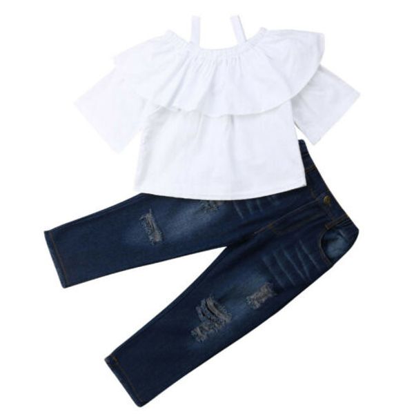 adorable kids baby girls summer outfits clothes t-shirt +denim ripped long pants set, White
adorable kids baby girls summer outfits clothes t-shirt +denim ripped long pants set, White
