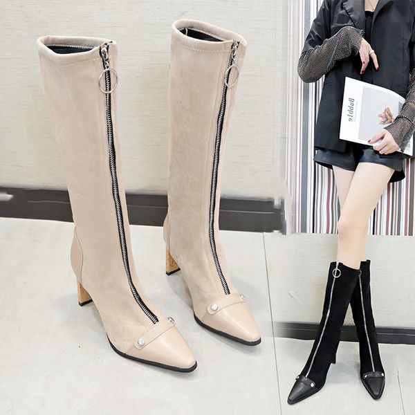 women's rubber boots booties ladies fashion womens shoes 2019 winter footwear zipper boots-women thigh high heels high, Black