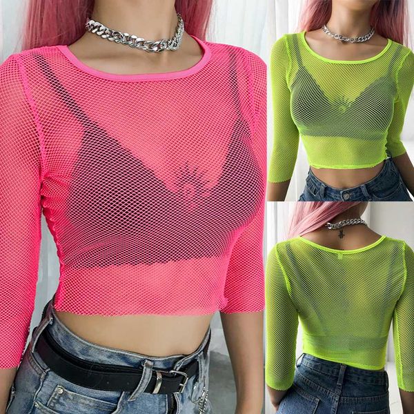 fashion womens o neck transparent mesh sheer cropped female fluorescent yellow long sleeve short t-shirt tee, White
fashion womens o neck transparent mesh sheer cropped female fluorescent yellow long sleeve short t-shirt tee, White