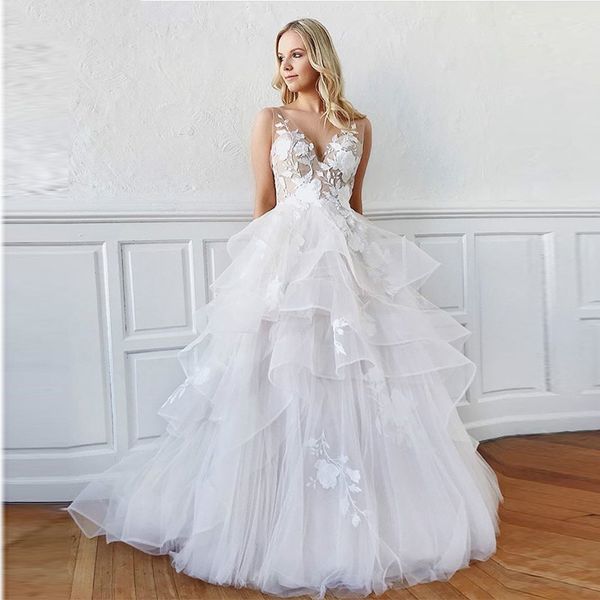 2020 romantic deep v neck wedding dress backless sleeveless tiered tulle skirt bridal gowns appliques customize wedding dresses, White