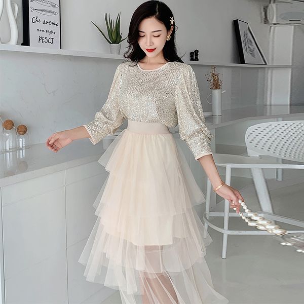 skirt set 2020 women new fashion o-neck three quarter sleeve sequin & elastic waist irregular maxi mesh skirt two piece set, White
skirt set 2020 women new fashion o-neck three quarter sleeve sequin & elastic waist irregular maxi mesh skirt two piece set, White
