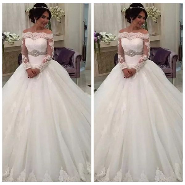 long sleeves lace appliques a-line wedding dresses 2019 modest crystal waist formal long bridal gowns customized long vestidos de mariee, White
long sleeves lace appliques a-line wedding dresses 2019 modest crystal waist formal long bridal gowns customized long vestidos de mariee, White