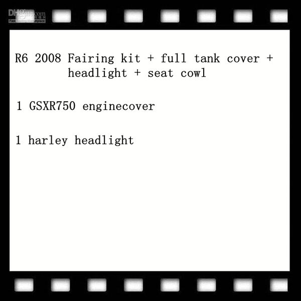 1 set r6 2008 fairing kit+full tank cover+headlight+seat cowl,1 pcs gsxr750 enginecover,1 pcs harley headlight
1 set r6 2008 fairing kit+full tank cover+headlight+seat cowl,1 pcs gsxr750 enginecover,1 pcs harley headlight