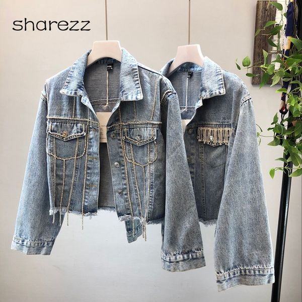 2019 spring and autumn korean version chain tassel drill short denim jacket women's washed water cowboy coat all-match jacket, Black;brown
2019 spring and autumn korean version chain tassel drill short denim jacket women's washed water cowboy coat all-match jacket, Black;brown