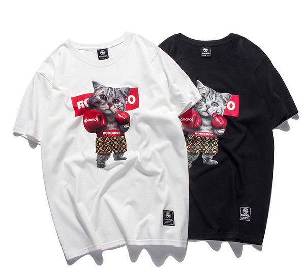 summer new creative pattern boxing cat print men's fashion short-sleeved tee, White;black
