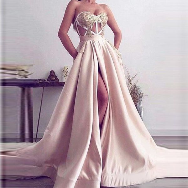 blush pink simple prom dress high leg split with pockets gold appliques see through back special formal maxi gowns vestido noiva, Black
blush pink simple prom dress high leg split with pockets gold appliques see through back special formal maxi gowns vestido noiva, Black