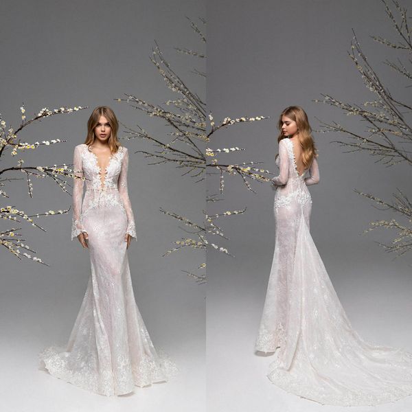 2021 elegant wedding dresses v neck long sleeves backless bridal gowns custom made lace appliques sweep train mermaid wedding dress, White
2021 elegant wedding dresses v neck long sleeves backless bridal gowns custom made lace appliques sweep train mermaid wedding dress, White