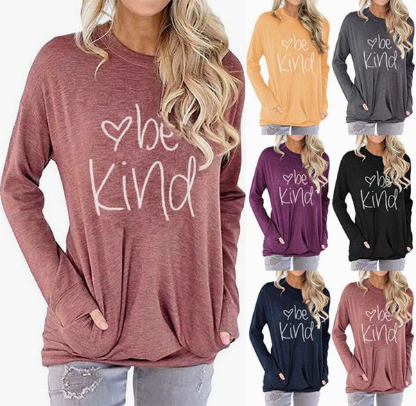 

be kind letter printed hoodie 6 colors women pocket printed round neck batwing sleeve shirts ljjo7217-1, Black