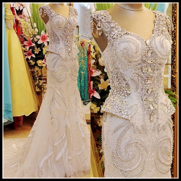 custom made 100% real p luxury wedding dresses mermaid v-neck crystal stones beaded sleeveless long formal bridal gown, White
custom made 100% real p luxury wedding dresses mermaid v-neck crystal stones beaded sleeveless long formal bridal gown, White