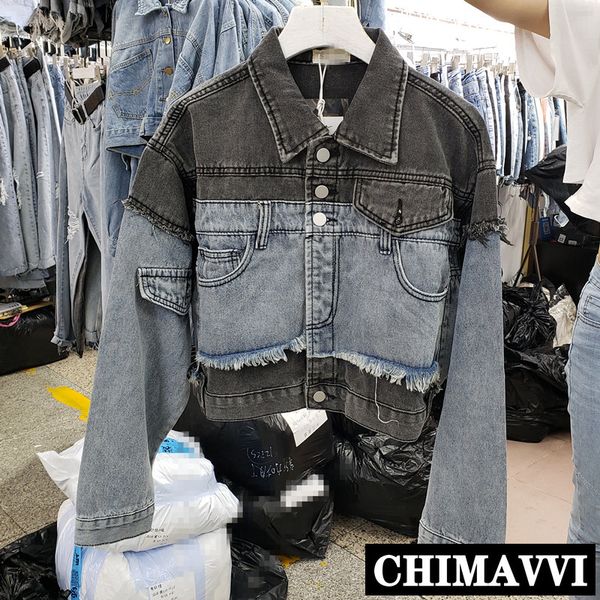 2019 spring and autumn personality grey blue stitching denim jacket women's short lapel single-breasted jeans coat outwear, Black;brown
2019 spring and autumn personality grey blue stitching denim jacket women's short lapel single-breasted jeans coat outwear, Black;brown