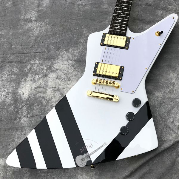custom shop electric guitar in white black stripes logo color and shape can be customize
custom shop electric guitar in white black stripes logo color and shape can be customize