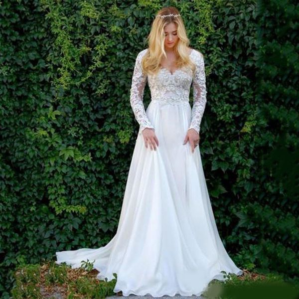 illusion bodice lace chiffon beach wedding dress 2020 v neck bridal gowns long sleeves bride dresses, White
illusion bodice lace chiffon beach wedding dress 2020 v neck bridal gowns long sleeves bride dresses, White