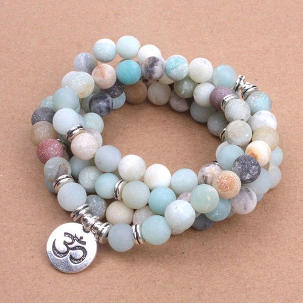 

fashion women`s bracelet matte frosted amazonite beads with lotus om buddha charm yoga bracelet 108 mala necklace dropshipping, Golden;silver