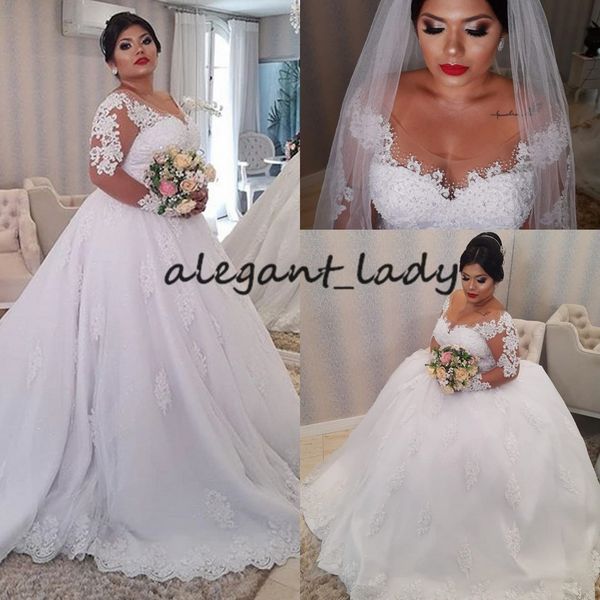 long sleeve plus size wedding dresses 2020 sheer neck lace applique beaded african arabic dubai ball gown wedding dress vestido de noiva, White
long sleeve plus size wedding dresses 2020 sheer neck lace applique beaded african arabic dubai ball gown wedding dress vestido de noiva, White