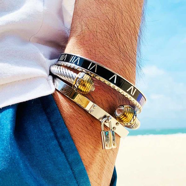 3pcs bangles set roman numeral cuff bracelets stainless steel cable wire lock bangles & bracelets for men jewelry, Black
3pcs bangles set roman numeral cuff bracelets stainless steel cable wire lock bangles & bracelets for men jewelry, Black