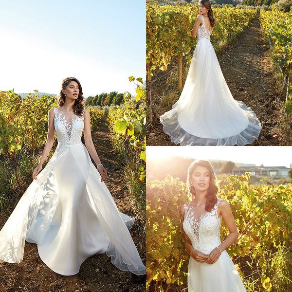 eddy k overskirt wedding dresses appliqued sheer neckline sweep train satin elegant bridal gowns custom made country wedding dress, White 
eddy k overskirt wedding dresses appliqued sheer neckline sweep train satin elegant bridal gowns custom made country wedding dress, White