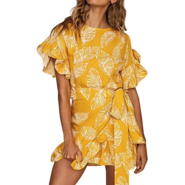 women yellow leaf print ruffled beach dress high waist bandage beachwear short sleeve o neck summer dress z1
women yellow leaf print ruffled beach dress high waist bandage beachwear short sleeve o neck summer dress z1