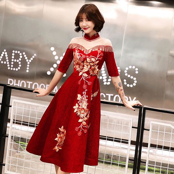 mandarin collar oriental short style banquet dresses chinese vintage traditional wedding cheongsam elegant evening party gowns, Red
mandarin collar oriental short style banquet dresses chinese vintage traditional wedding cheongsam elegant evening party gowns, Red