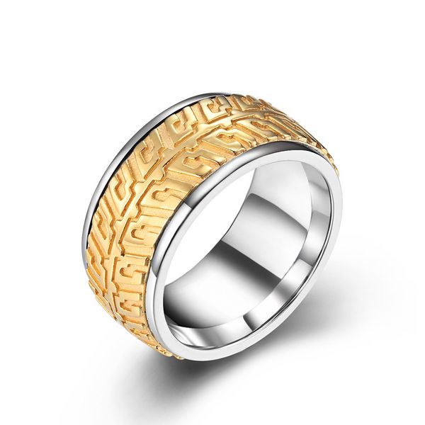 11 mm wide men's stainless steel tire tread style grooved biker ring gold and silver black punk ring size 7 -12
11 mm wide men's stainless steel tire tread style grooved biker ring gold and silver black punk ring size 7 -12