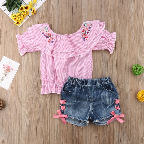 fashion baby girls clothing set cute kids plaid off shoulder flower +denim shorts 2pcs outfit set summer infant costumes
fashion baby girls clothing set cute kids plaid off shoulder flower +denim shorts 2pcs outfit set summer infant costumes