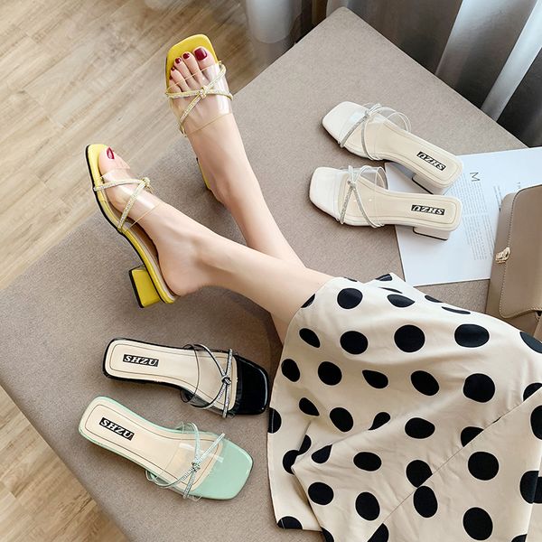 slippers casual transparent heel high-heeled shoes lady glitter slides slipers women med thin heels luxury heeled jelly 2020, Black