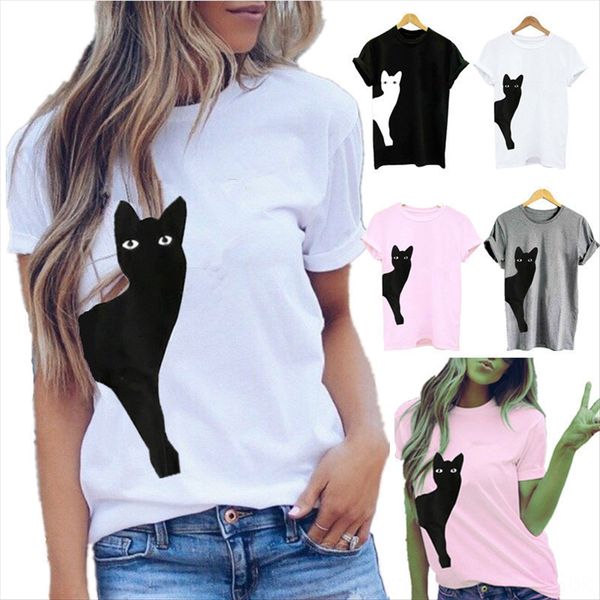 printed short-sleeved cat t-shirt cat printed short-sleeved t-shirt top, White