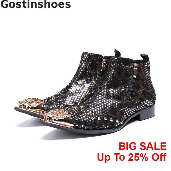golden metal pointed cap toe men boots genuine leather polka dots decorations side zip fashion men short ankle boots work, Black
golden metal pointed cap toe men boots genuine leather polka dots decorations side zip fashion men short ankle boots work, Black