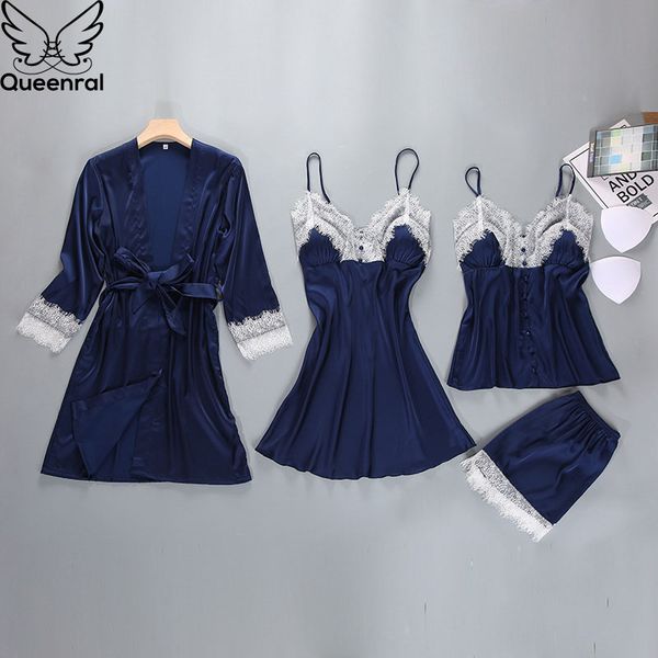 queenral 4pcs pajamas set for women lingerie long sleeve bathrobe with pyjamas sets home suit spring nightwear nighties, Blue;gray
queenral 4pcs pajamas set for women lingerie long sleeve bathrobe with pyjamas sets home suit spring nightwear nighties, Blue;gray
