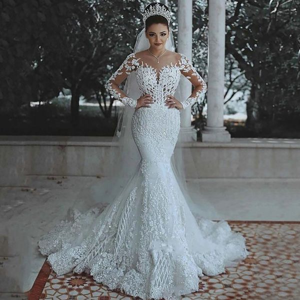 luxury dubai saudi arabic lace mermaid wedding dress illusion long sleeve bride dresses crystals beads wedding gowns, White
luxury dubai saudi arabic lace mermaid wedding dress illusion long sleeve bride dresses crystals beads wedding gowns, White