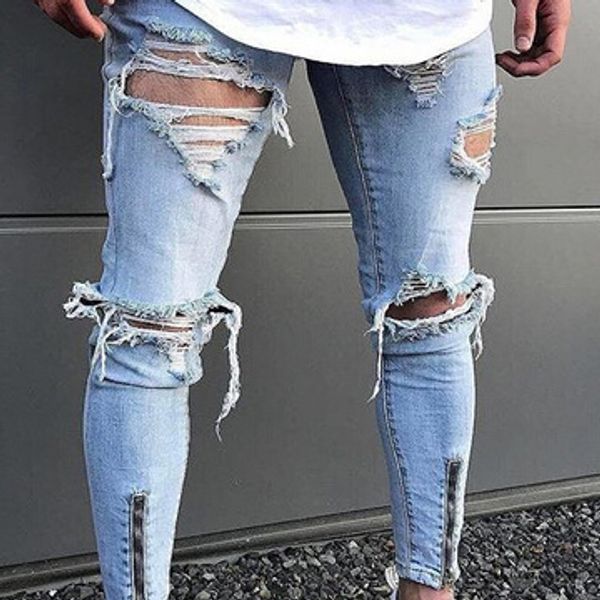 distressed jeans for men slim denim jeans men fashion streetwear, Blue