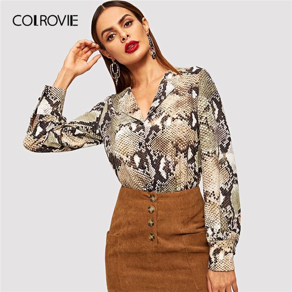 colrovie v neck snake print single breasted elegant blouse women 2019 winter fashion office ladies shirts korean vintage, White 
colrovie v neck snake print single breasted elegant blouse women 2019 winter fashion office ladies shirts korean vintage, White