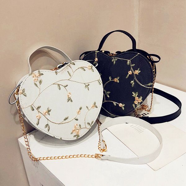 2019 горячей продажи цветочной вышивки сумка кошелек сумка плечо heart shaped кожа цепь посыльная сумка crossbody сцепление малой сумка