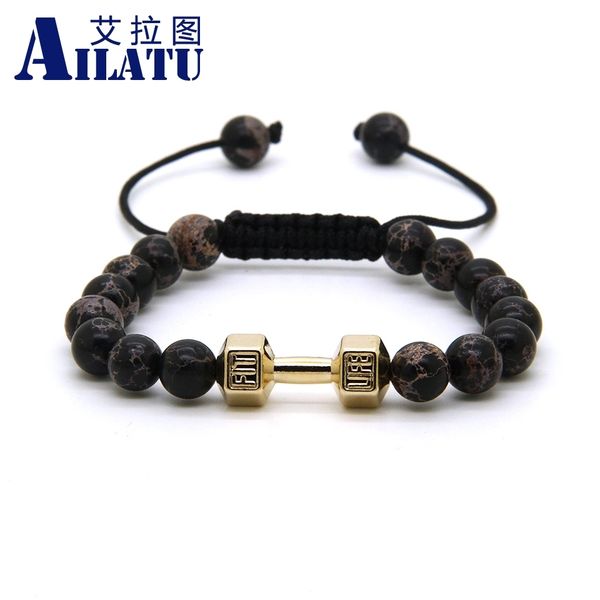 ailatu wholesale 8mm black sediment imperial stone beads with barbell fitness dumbbell macrame bracelet for men, Golden;silver
ailatu wholesale 8mm black sediment imperial stone beads with barbell fitness dumbbell macrame bracelet for men, Golden;silver
