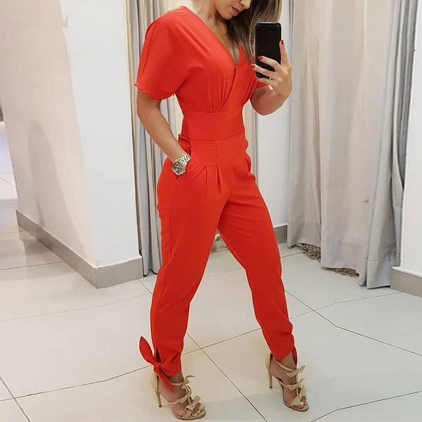 women v neck short sleeve solid jumpsuit 2019 summer pockets lace up office rompers casual long loose overalls, Black;white
women v neck short sleeve solid jumpsuit 2019 summer pockets lace up office rompers casual long loose overalls, Black;white