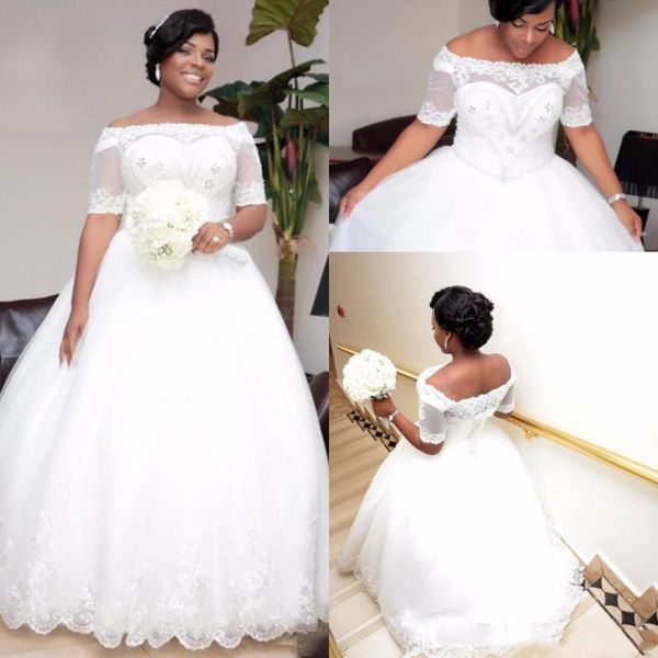 african plus size bridal gowns wedding dresses with short sleeves off shoulder with lace up wedding dress, White
african plus size bridal gowns wedding dresses with short sleeves off shoulder with lace up wedding dress, White