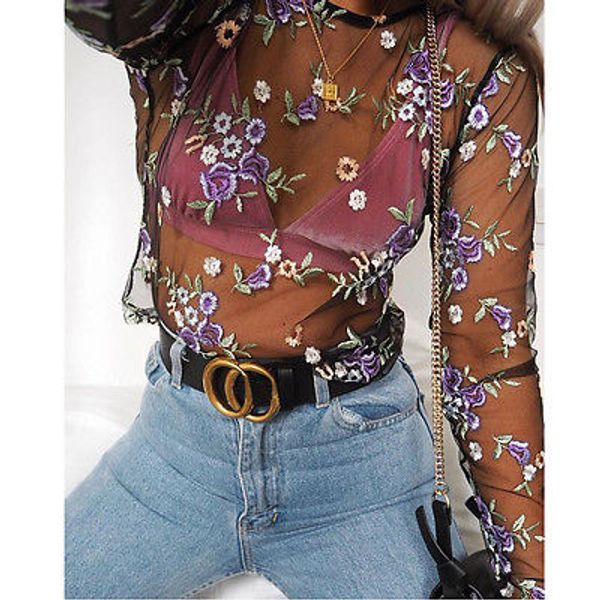 fashion women's 2018 summer sheer flower long sleeve shirt floral embroidery see through, White
fashion women's 2018 summer sheer flower long sleeve shirt floral embroidery see through, White
