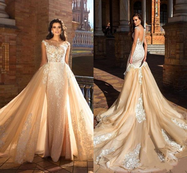 2020 champagne lace appliqud beaded mermaid wedding dress with detachable train luxury lace tulle plus size bridal gown bc2185, White
2020 champagne lace appliqud beaded mermaid wedding dress with detachable train luxury lace tulle plus size bridal gown bc2185, White